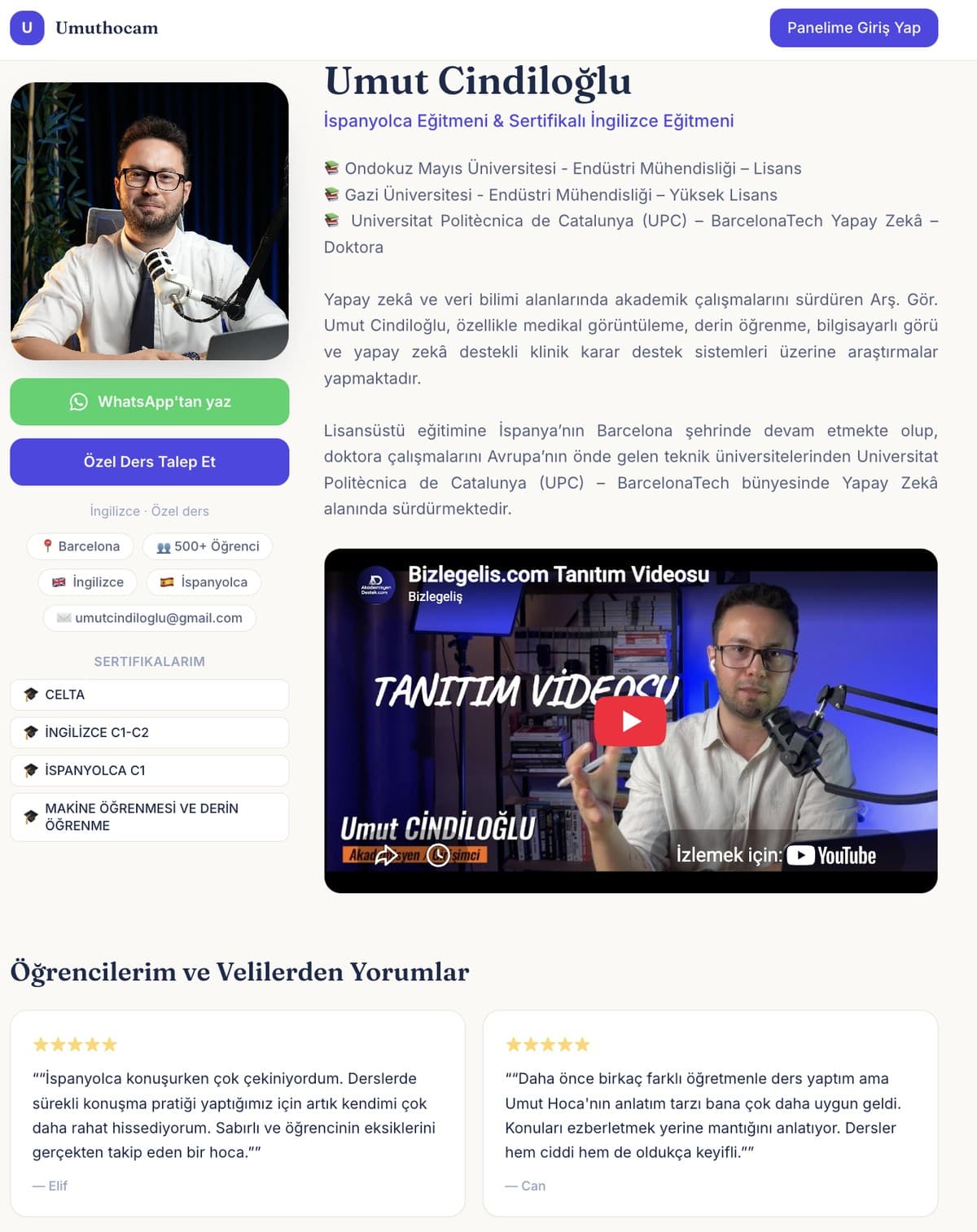 Aprindo eğitmen ana sayfası demo görünümü